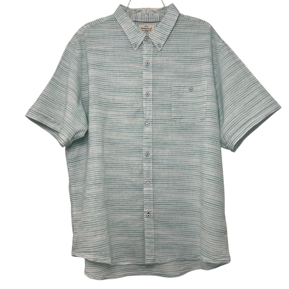 Weatherproof Vintage XXL Button Up Shirt Short Sleeve Linen Woven Aqua Stripes